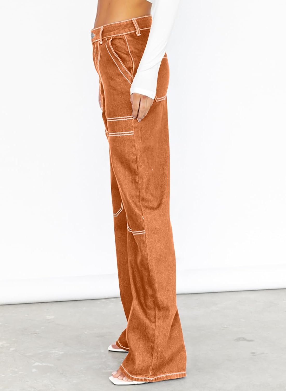 Dokotoo Damen Casual Mid Waist Cargo Jeans Stretch Wide Leg Denim Hose mit Taschen