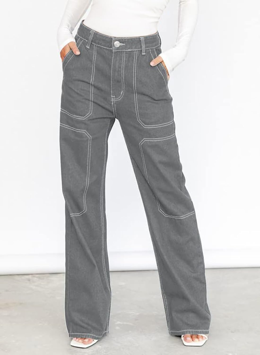 Dokotoo Damen Casual Mid Waist Cargo Jeans Stretch Wide Leg Denim Hose mit Taschen