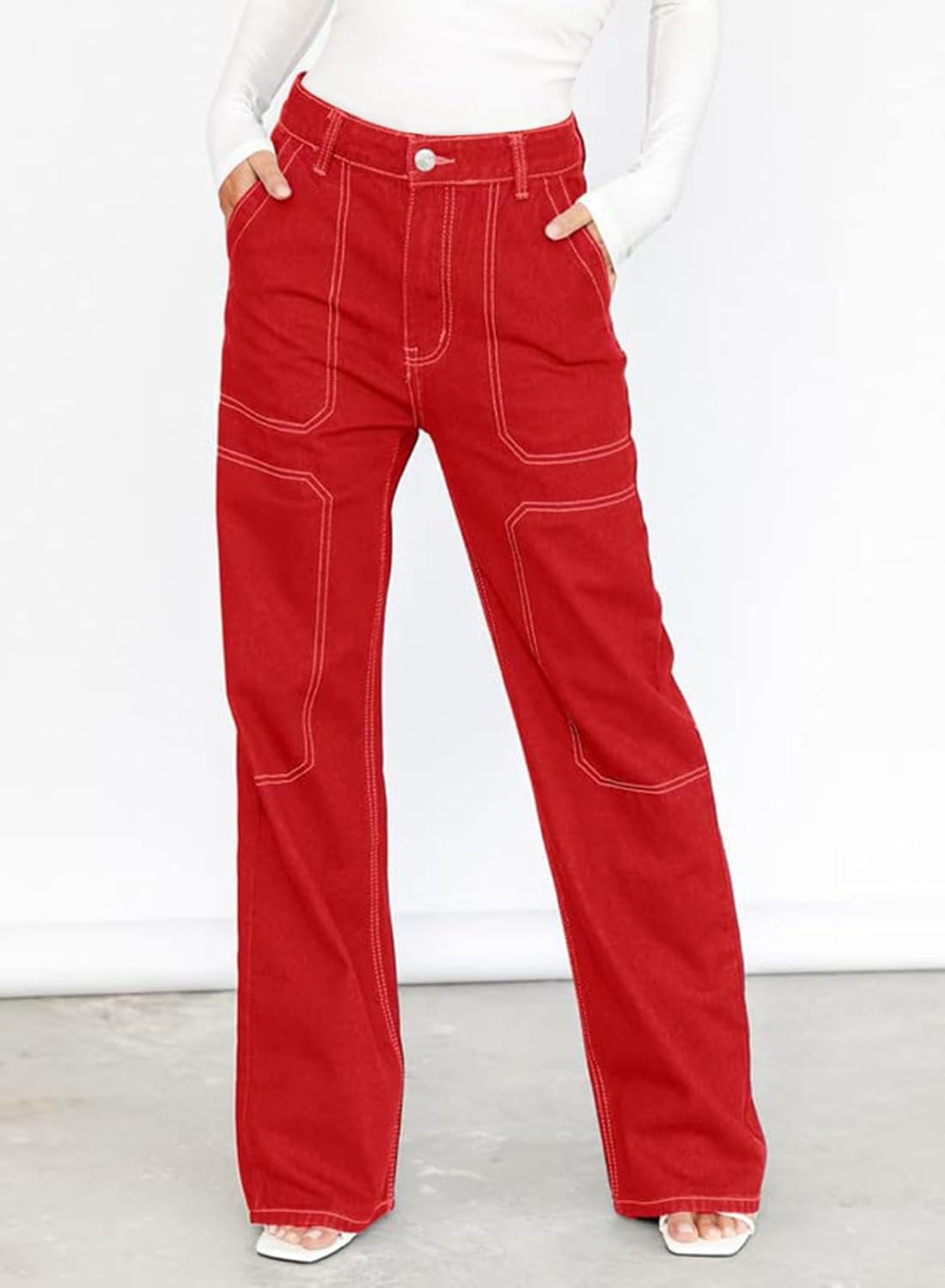 Dokotoo Damen Casual Mid Waist Cargo Jeans Stretch Wide Leg Denim Hose mit Taschen