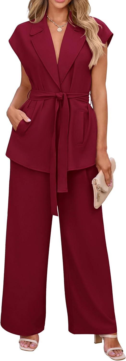 PRETTYGARDEN Damen Sommer 2-teilige Outfits 2025 mit Kappenärmeln, V-Ausschnitt, Blazerweste, weitem Bein, Hosen-Sets, Büro-Arbeitskleidung