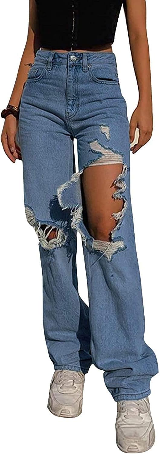 HDLTE Damen Jeans Weites Bein High Waist Baggy Jeans Loose Boyfriend Jeans Denim Hose Y2K