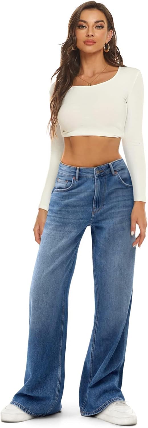 HDLTE Damen Jeans Weites Bein High Waist Baggy Jeans Loose Boyfriend Jeans Denim Hose Y2K