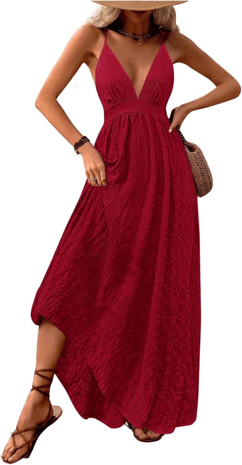 MakeMeChic Damen Boho V-Ausschnitt Ärmelloses Maxi-Sommerkleid Geblümt Kreuz und quer rückenfrei Ausgestelltes Cami-Kleid