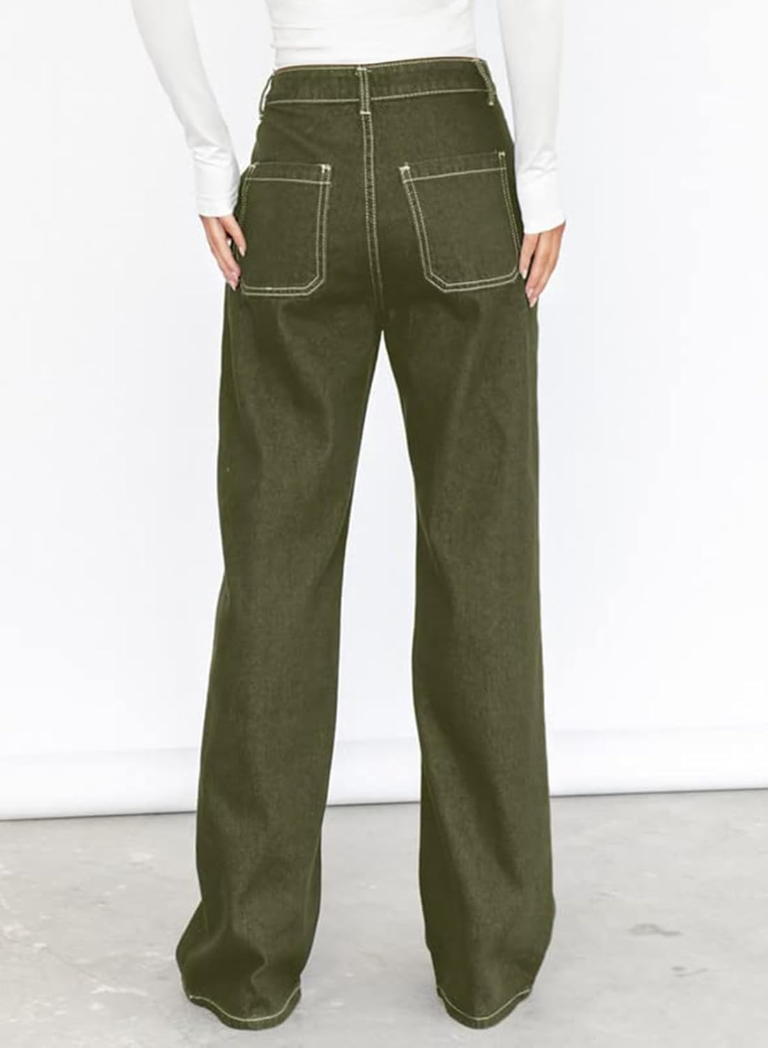 Dokotoo Damen Casual Mid Waist Cargo Jeans Stretch Wide Leg Denim Hose mit Taschen