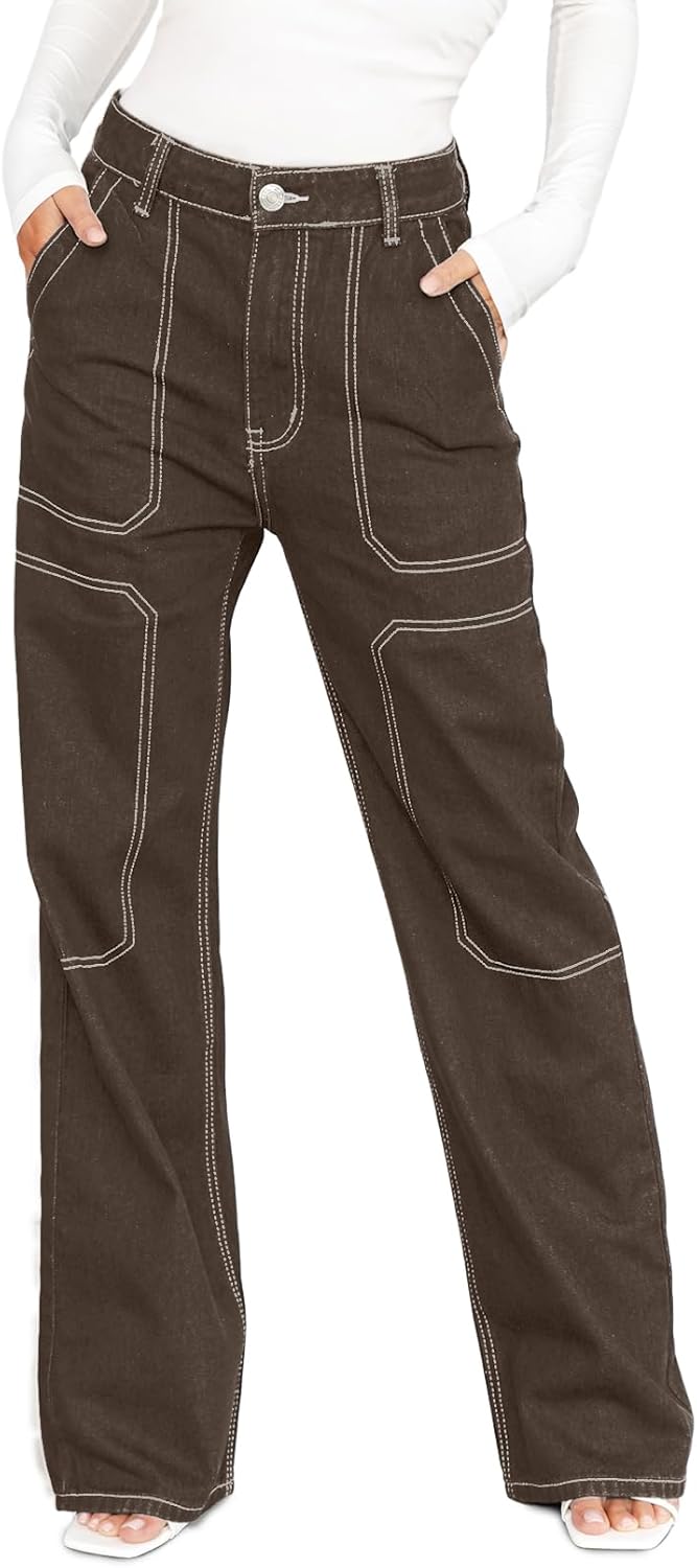 Dokotoo Damen Casual Mid Waist Cargo Jeans Stretch Wide Leg Denim Hose mit Taschen