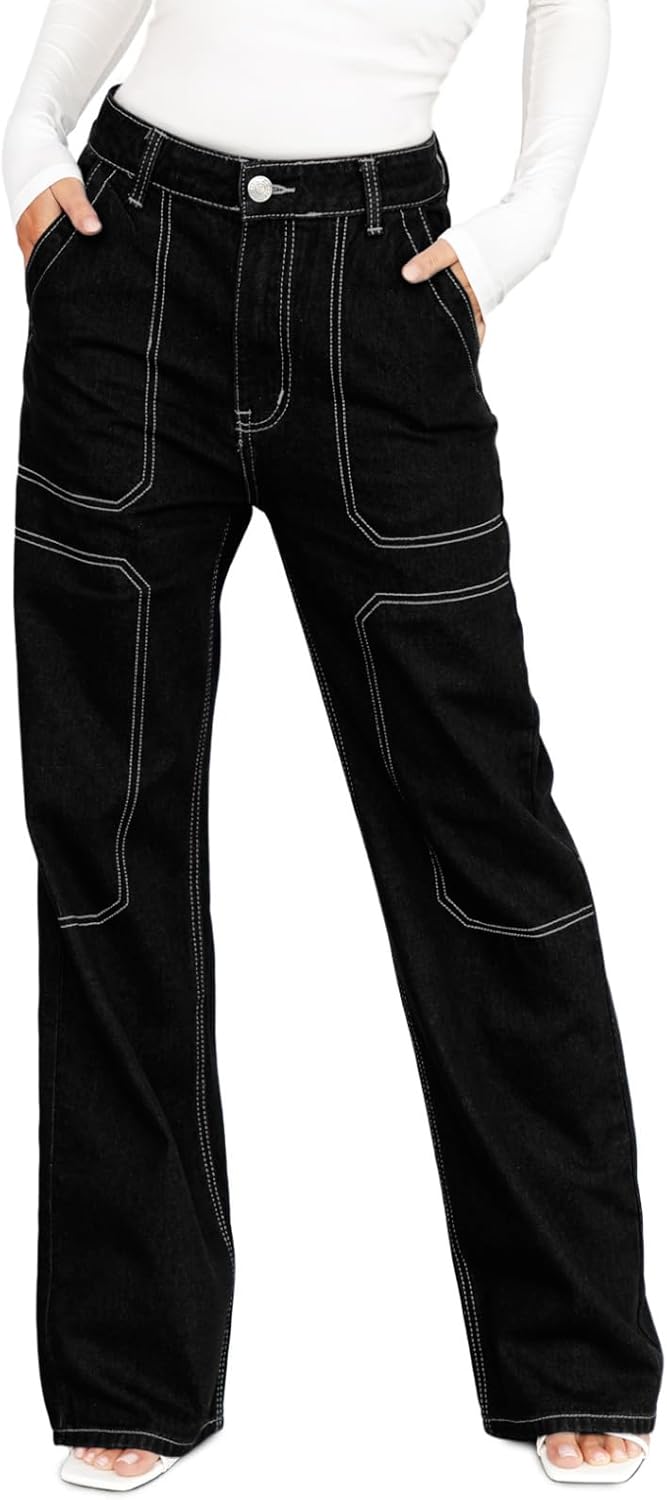 Dokotoo Damen Casual Mid Waist Cargo Jeans Stretch Wide Leg Denim Hose mit Taschen