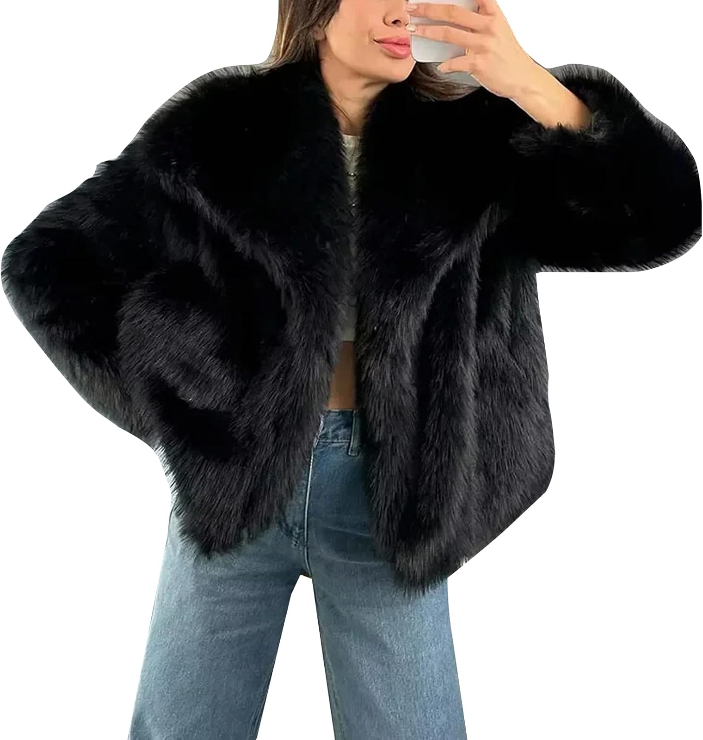 Flygo Damen Kunstpelzmantel Flauschige Kunstpelzjacke Langarm Revers Pelzige Winterjacken Zotteliger Parka Kurzer Mantel