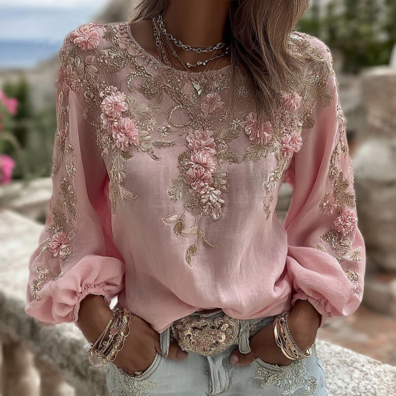 Damen Vintage Rosa Rosenstickerei Rundhals Langarm Leinenmischung T-Shirt