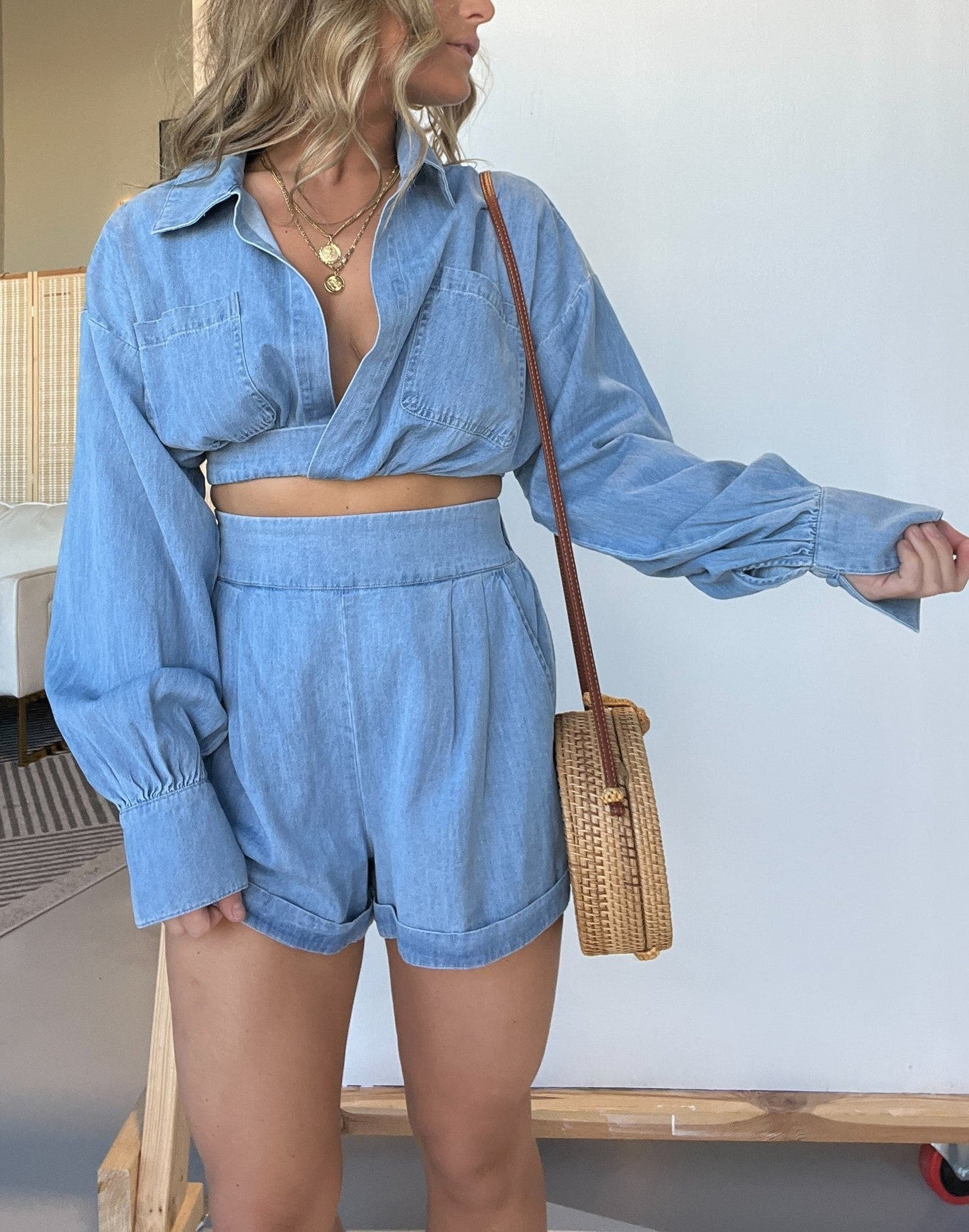 Langarm-Crop-Shirt und Shorts-Jeans-Set (2 kaufen, Versand gratis)