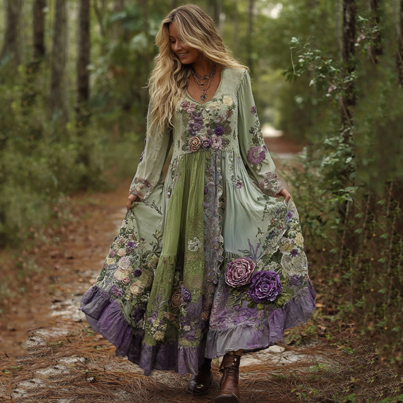 Vintage Elegantes Maxi-Kleid in Lila-Lavendel mit Blumenstickerei und Farbverlauf