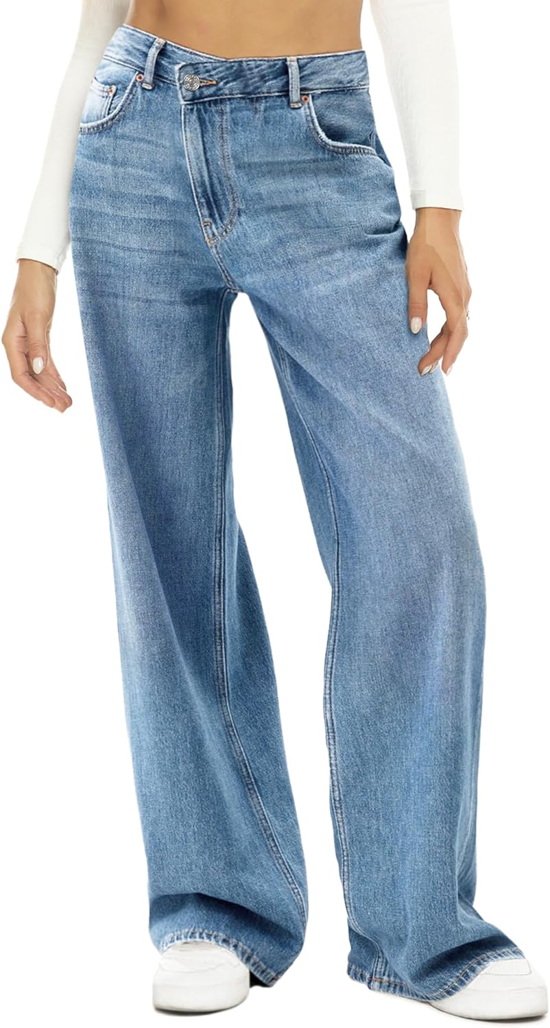 HDLTE Damen Jeans Weites Bein High Waist Baggy Jeans Loose Boyfriend Jeans Denim Hose Y2K