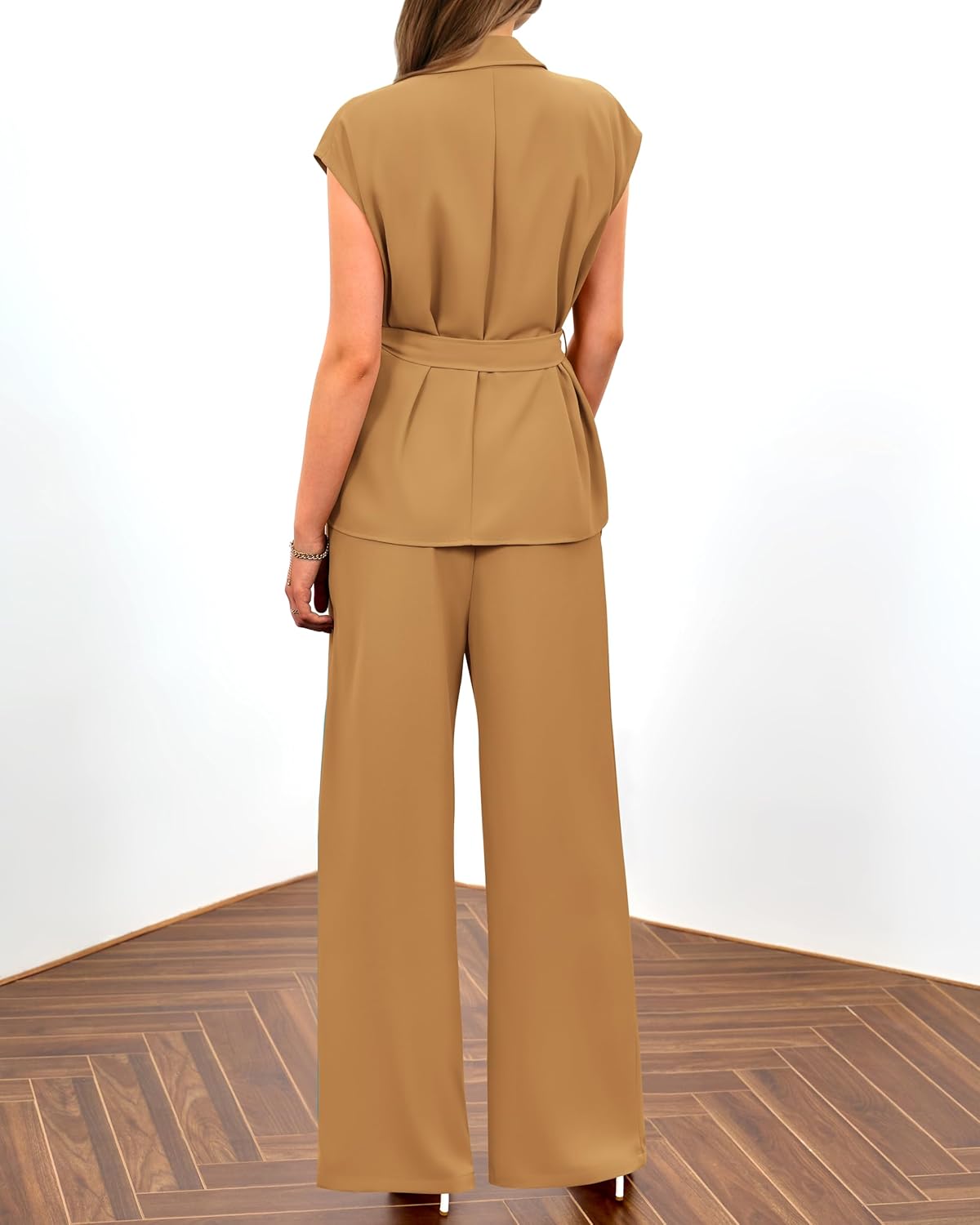 PRETTYGARDEN Damen Sommer 2-teilige Outfits 2025 mit Kappenärmeln, V-Ausschnitt, Blazerweste, weitem Bein, Hosen-Sets, Büro-Arbeitskleidung