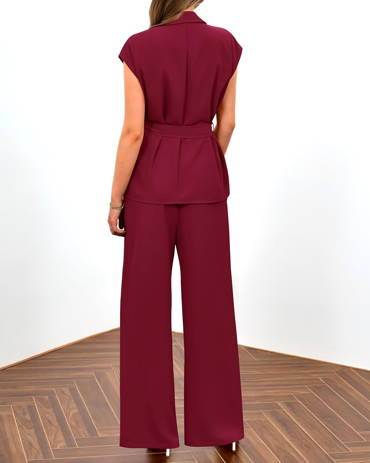PRETTYGARDEN Damen Sommer 2-teilige Outfits 2025 mit Kappenärmeln, V-Ausschnitt, Blazerweste, weitem Bein, Hosen-Sets, Büro-Arbeitskleidung
