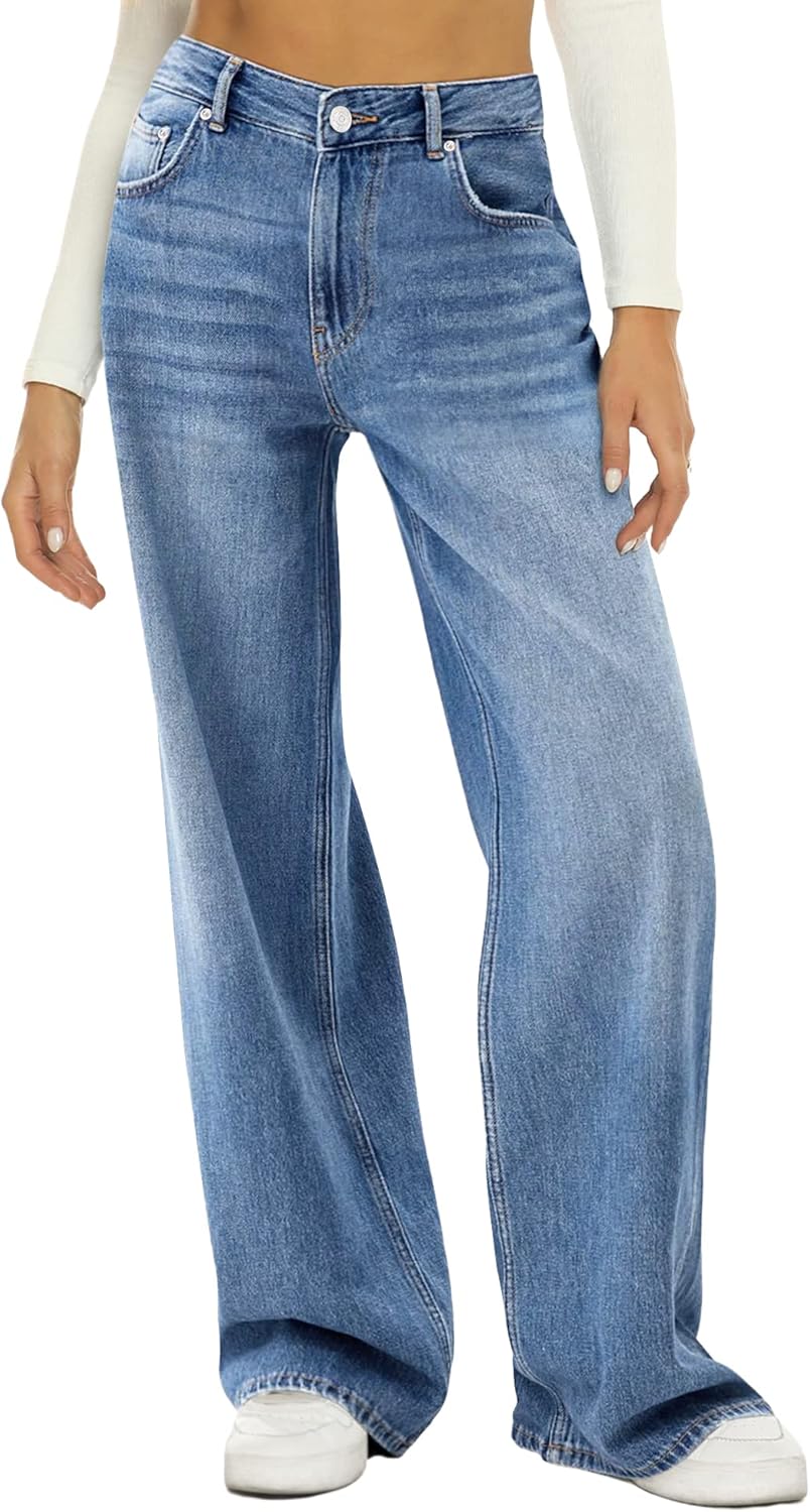 HDLTE Damen Jeans Weites Bein High Waist Baggy Jeans Loose Boyfriend Jeans Denim Hose Y2K