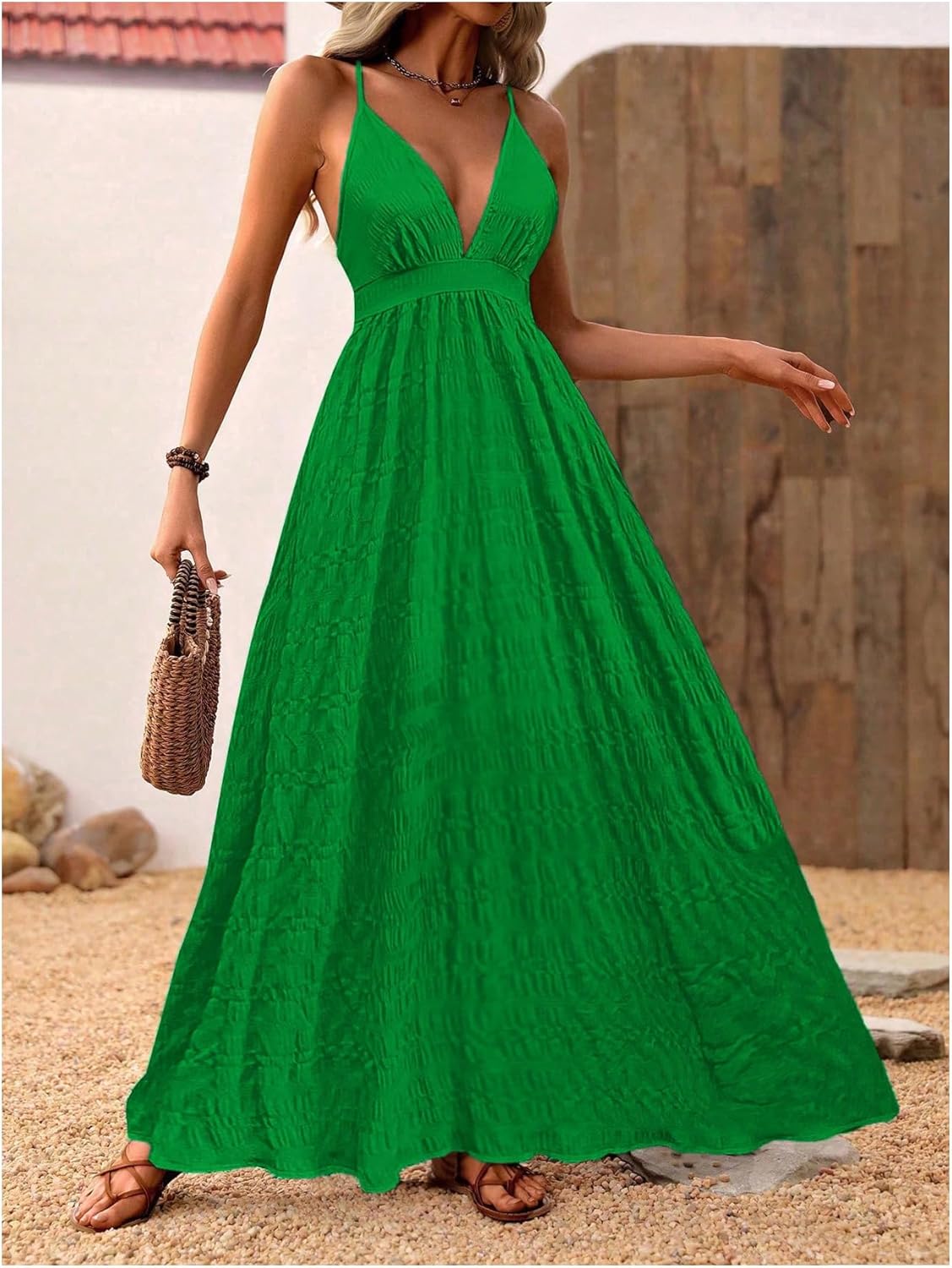 MakeMeChic Damen Boho V-Ausschnitt Ärmelloses Maxi-Sommerkleid Geblümt Kreuz und quer rückenfrei Ausgestelltes Cami-Kleid