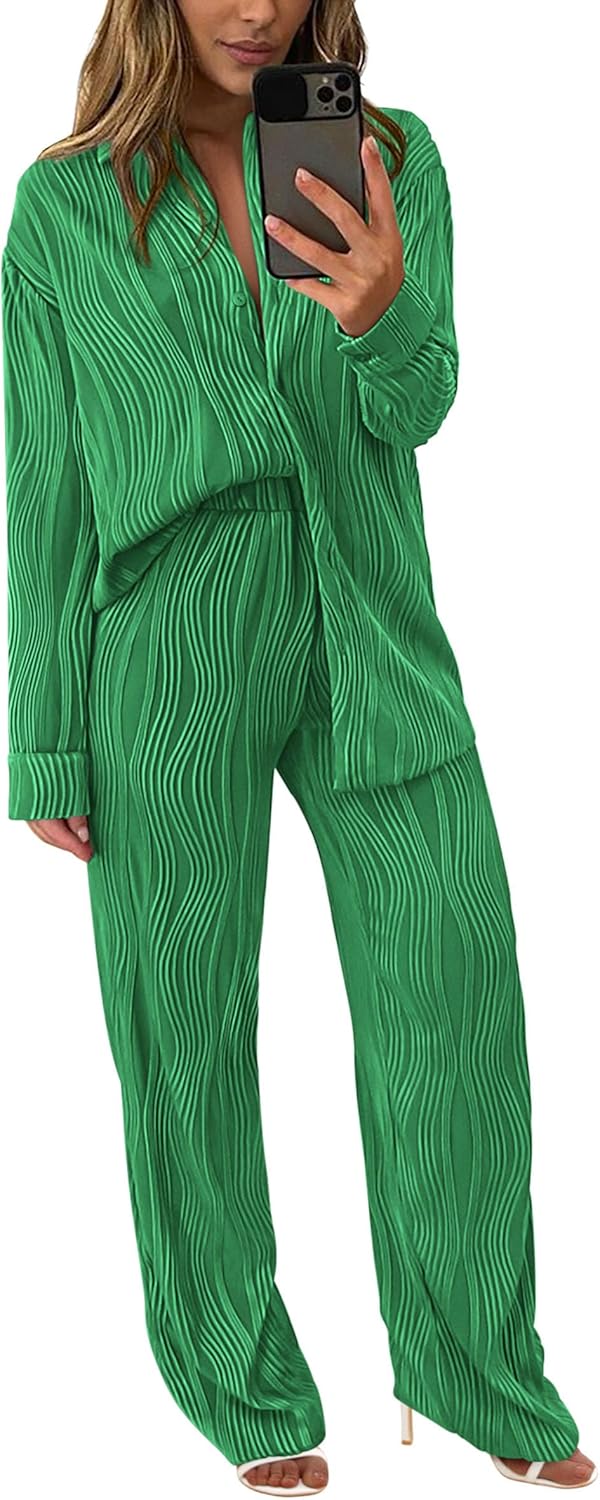 Damen 2-teilige strukturierte Sets Lässiges Button-Down-Shirt Weite Hose Outfit Loungewear Trainingsanzug