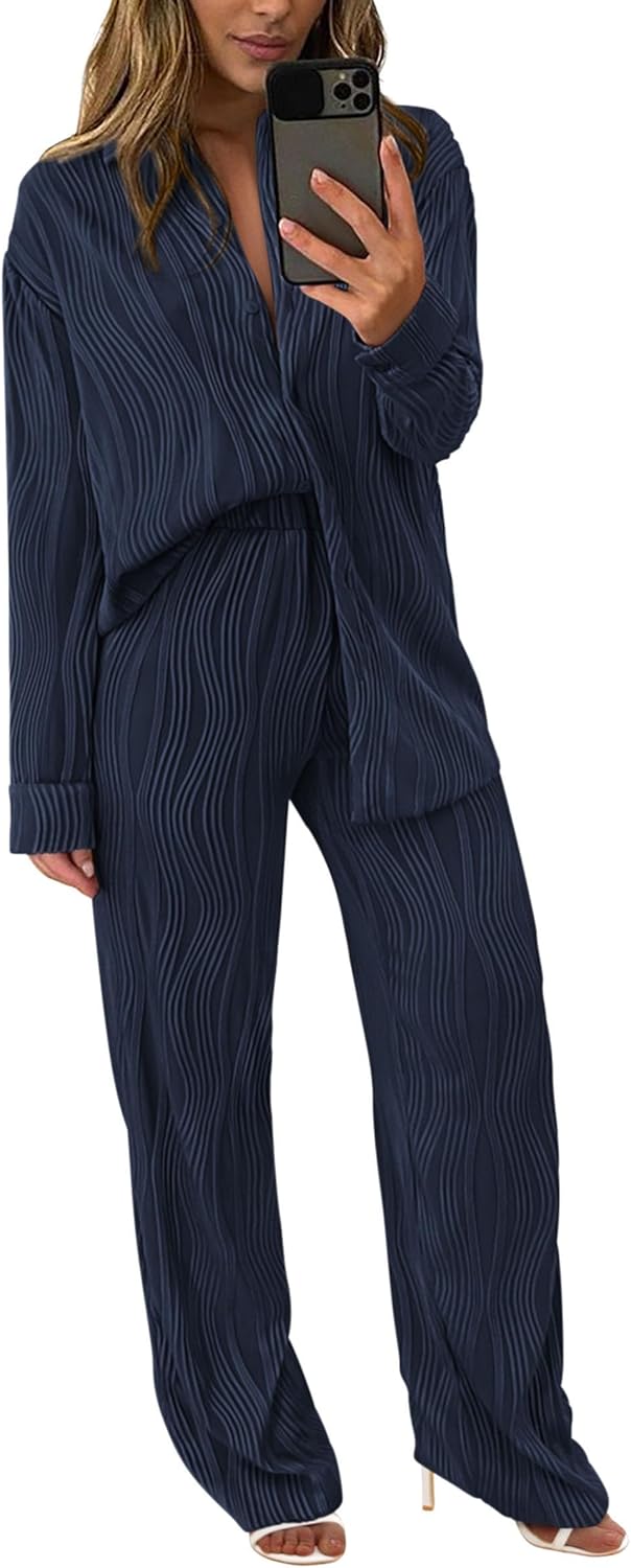 Damen 2-teilige strukturierte Sets Lässiges Button-Down-Shirt Weite Hose Outfit Loungewear Trainingsanzug