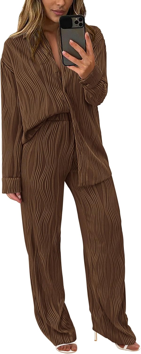 Damen 2-teilige strukturierte Sets Lässiges Button-Down-Shirt Weite Hose Outfit Loungewear Trainingsanzug