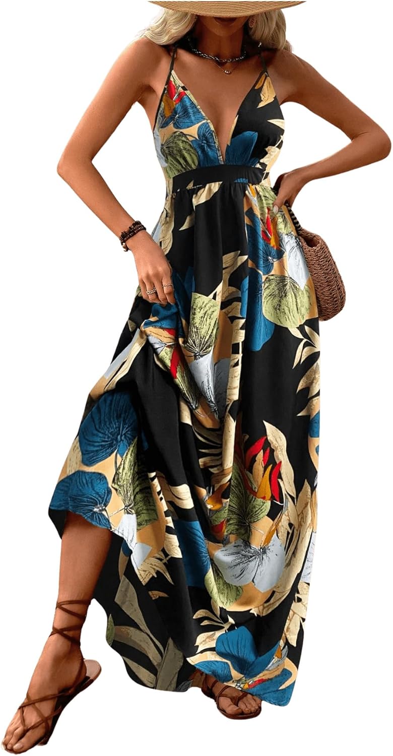 MakeMeChic Damen Boho V-Ausschnitt Ärmelloses Maxi-Sommerkleid Geblümt Kreuz und quer rückenfrei Ausgestelltes Cami-Kleid