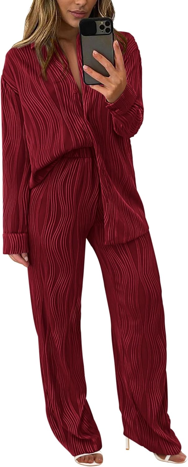 Damen 2-teilige strukturierte Sets Lässiges Button-Down-Shirt Weite Hose Outfit Loungewear Trainingsanzug