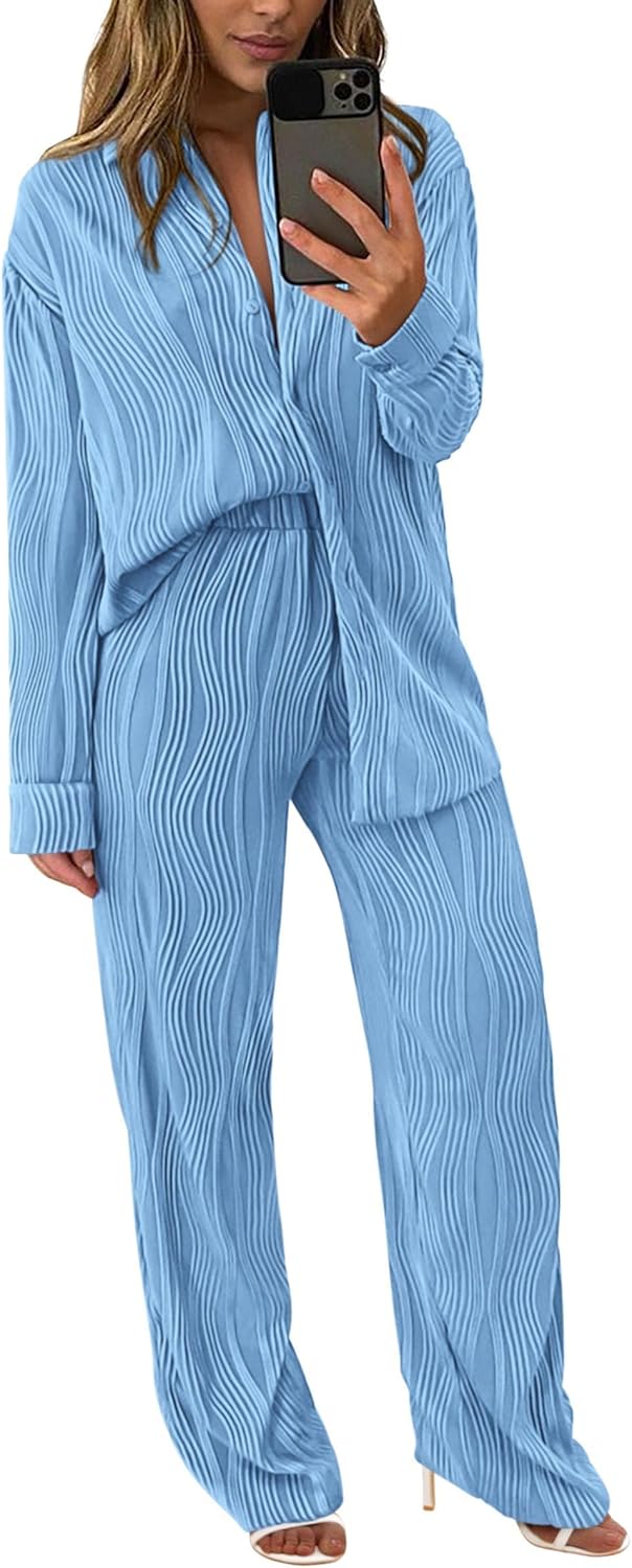 Damen 2-teilige strukturierte Sets Lässiges Button-Down-Shirt Weite Hose Outfit Loungewear Trainingsanzug