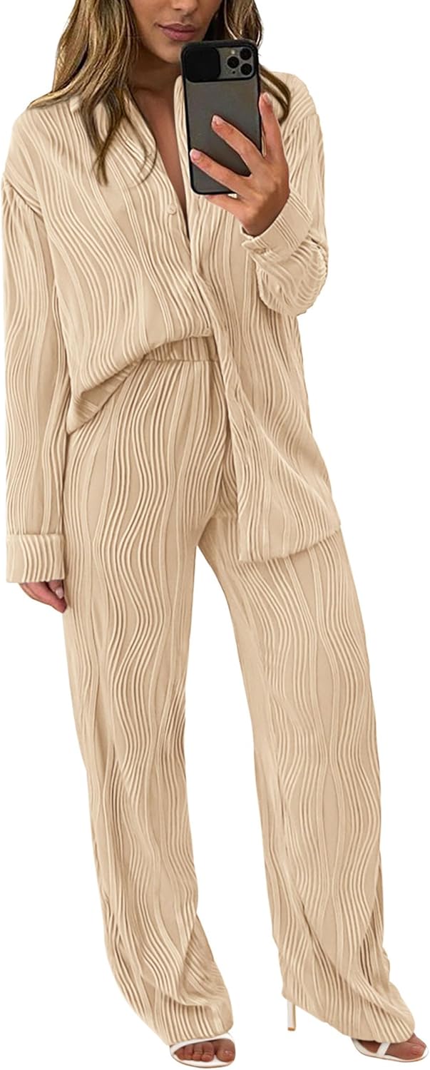 Damen 2-teilige strukturierte Sets Lässiges Button-Down-Shirt Weite Hose Outfit Loungewear Trainingsanzug