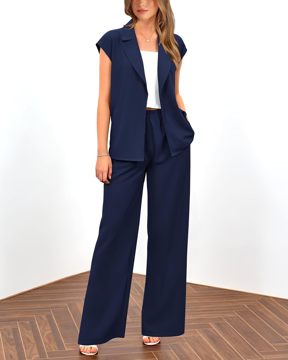 PRETTYGARDEN Damen Sommer 2-teilige Outfits 2025 mit Kappenärmeln, V-Ausschnitt, Blazerweste, weitem Bein, Hosen-Sets, Büro-Arbeitskleidung
