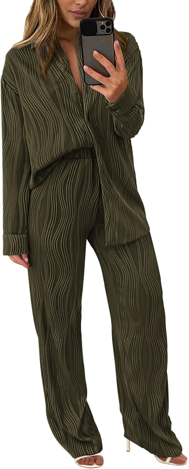 Damen 2-teilige strukturierte Sets Lässiges Button-Down-Shirt Weite Hose Outfit Loungewear Trainingsanzug
