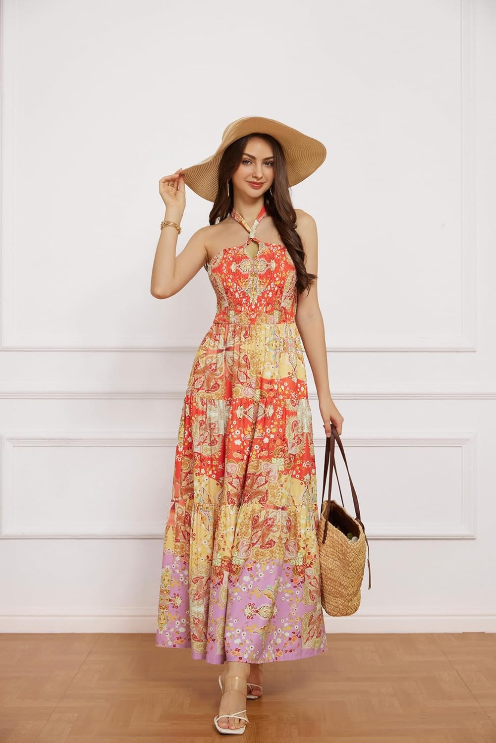 GRACE KARIN Damen Sommerkleider 2025 Neckholder Ärmellos Gesmoktes Rückenloses Cut-Out Blumenmuster Fließendes A-Linien Maxikleid