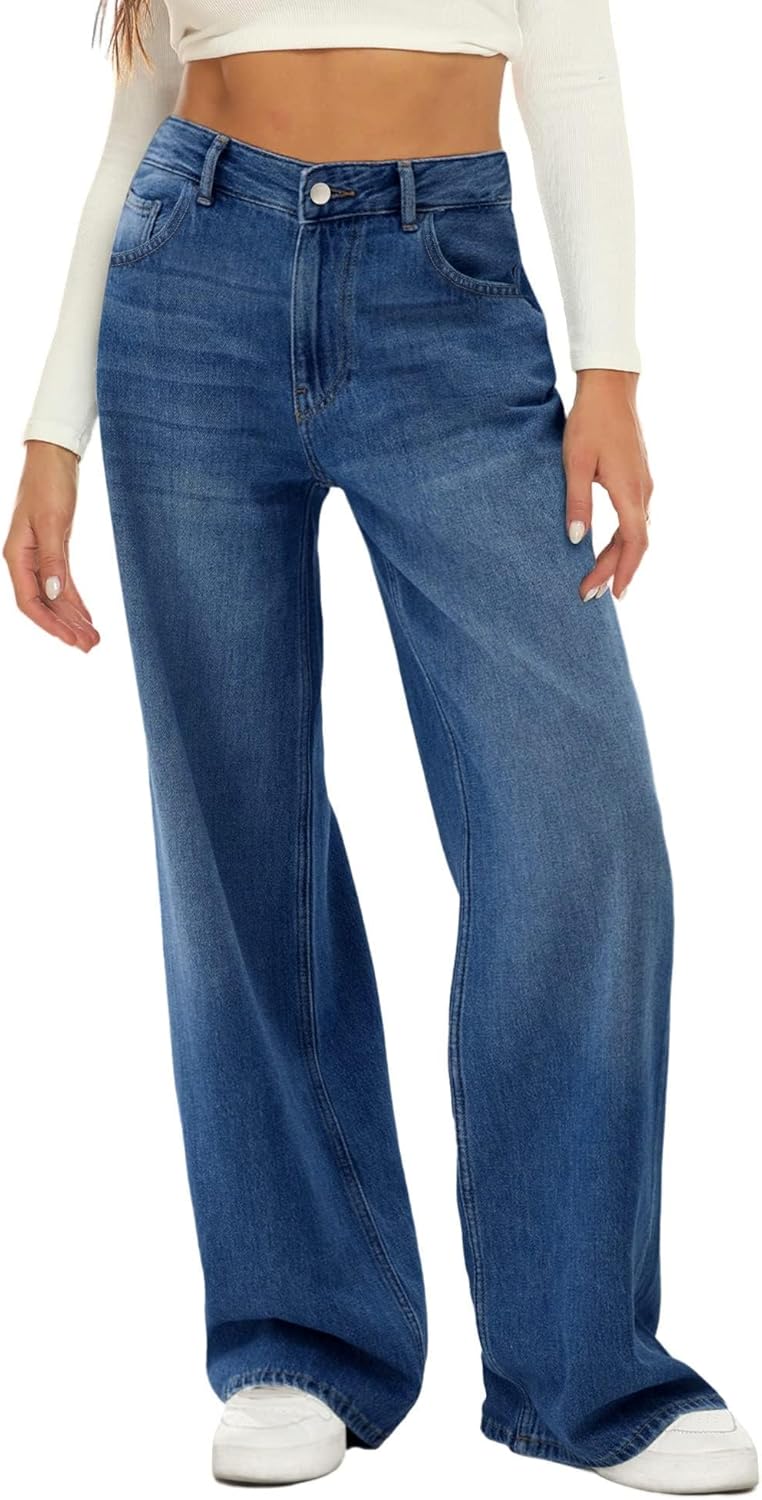 HDLTE Damen Jeans Weites Bein High Waist Baggy Jeans Loose Boyfriend Jeans Denim Hose Y2K