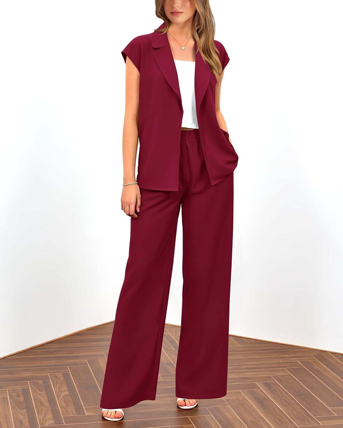 PRETTYGARDEN Damen Sommer 2-teilige Outfits 2025 mit Kappenärmeln, V-Ausschnitt, Blazerweste, weitem Bein, Hosen-Sets, Büro-Arbeitskleidung