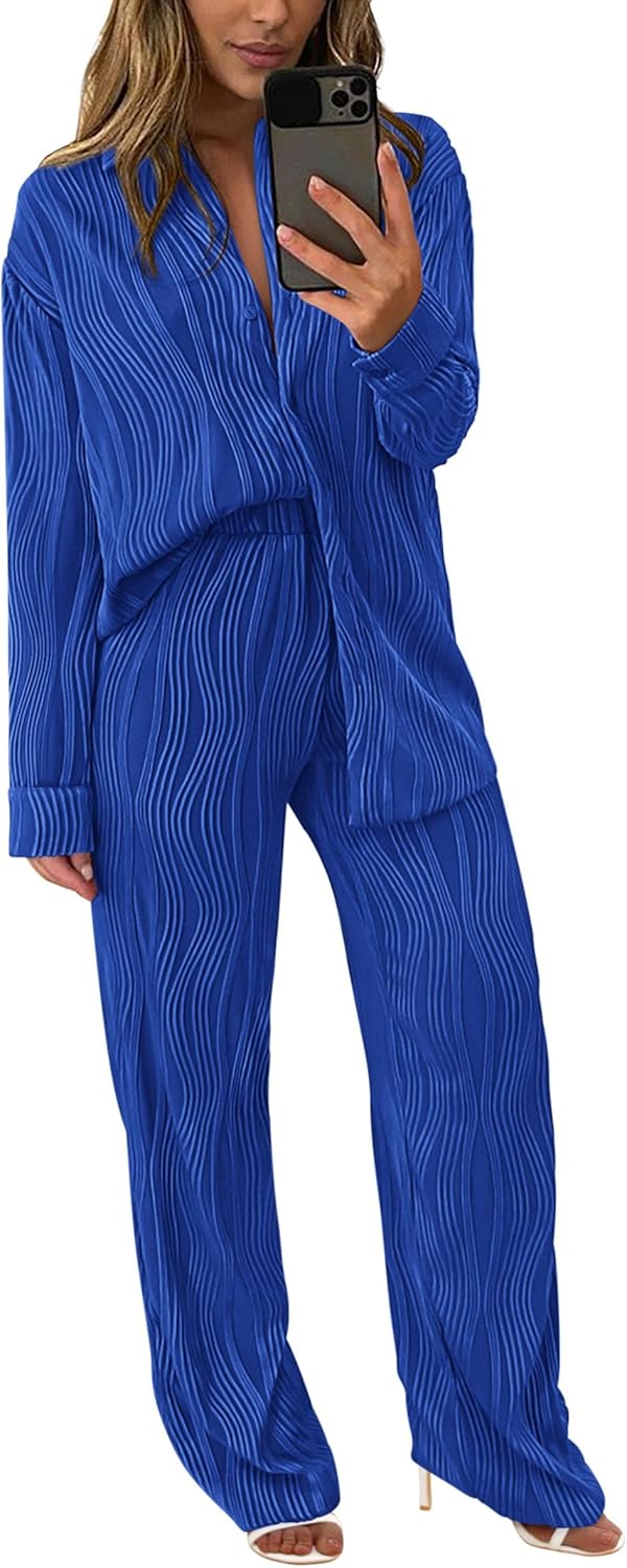 Damen 2-teilige strukturierte Sets Lässiges Button-Down-Shirt Weite Hose Outfit Loungewear Trainingsanzug