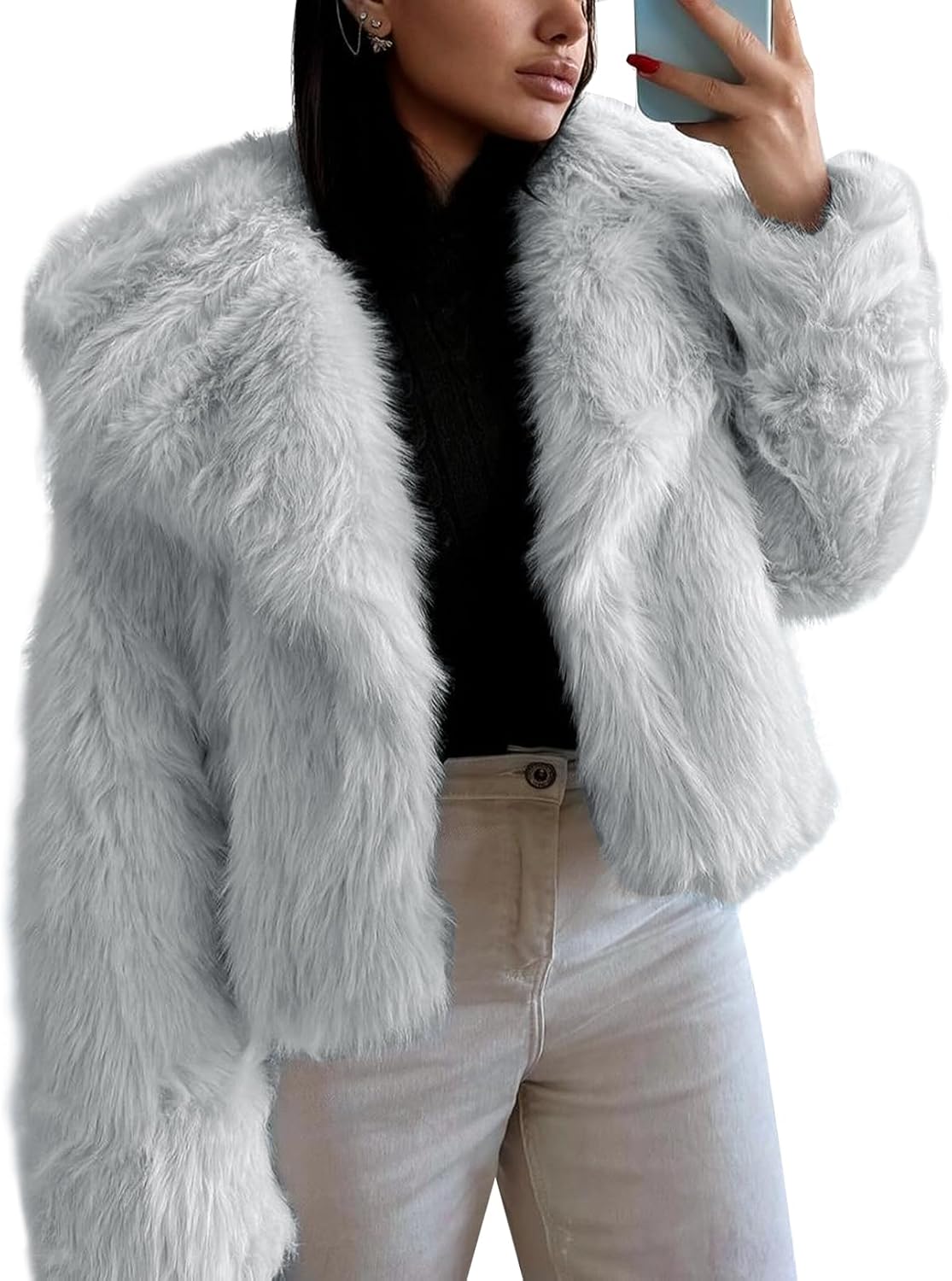 Flygo Damen Kunstpelzmantel Flauschige Kunstpelzjacke Langarm Revers Pelzige Winterjacken Zotteliger Parka Kurzer Mantel