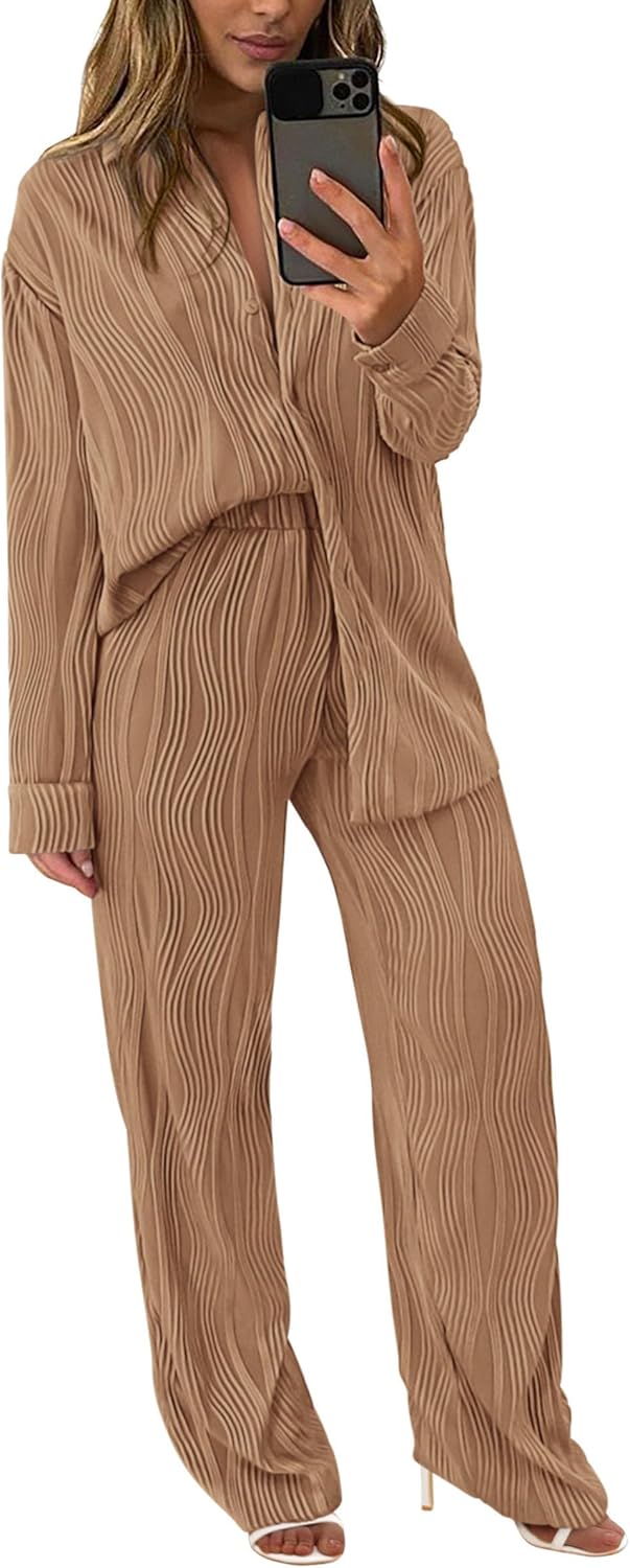Damen 2-teilige strukturierte Sets Lässiges Button-Down-Shirt Weite Hose Outfit Loungewear Trainingsanzug