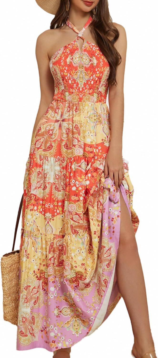 GRACE KARIN Damen Sommerkleider 2025 Neckholder Ärmellos Gesmoktes Rückenloses Cut-Out Blumenmuster Fließendes A-Linien Maxikleid