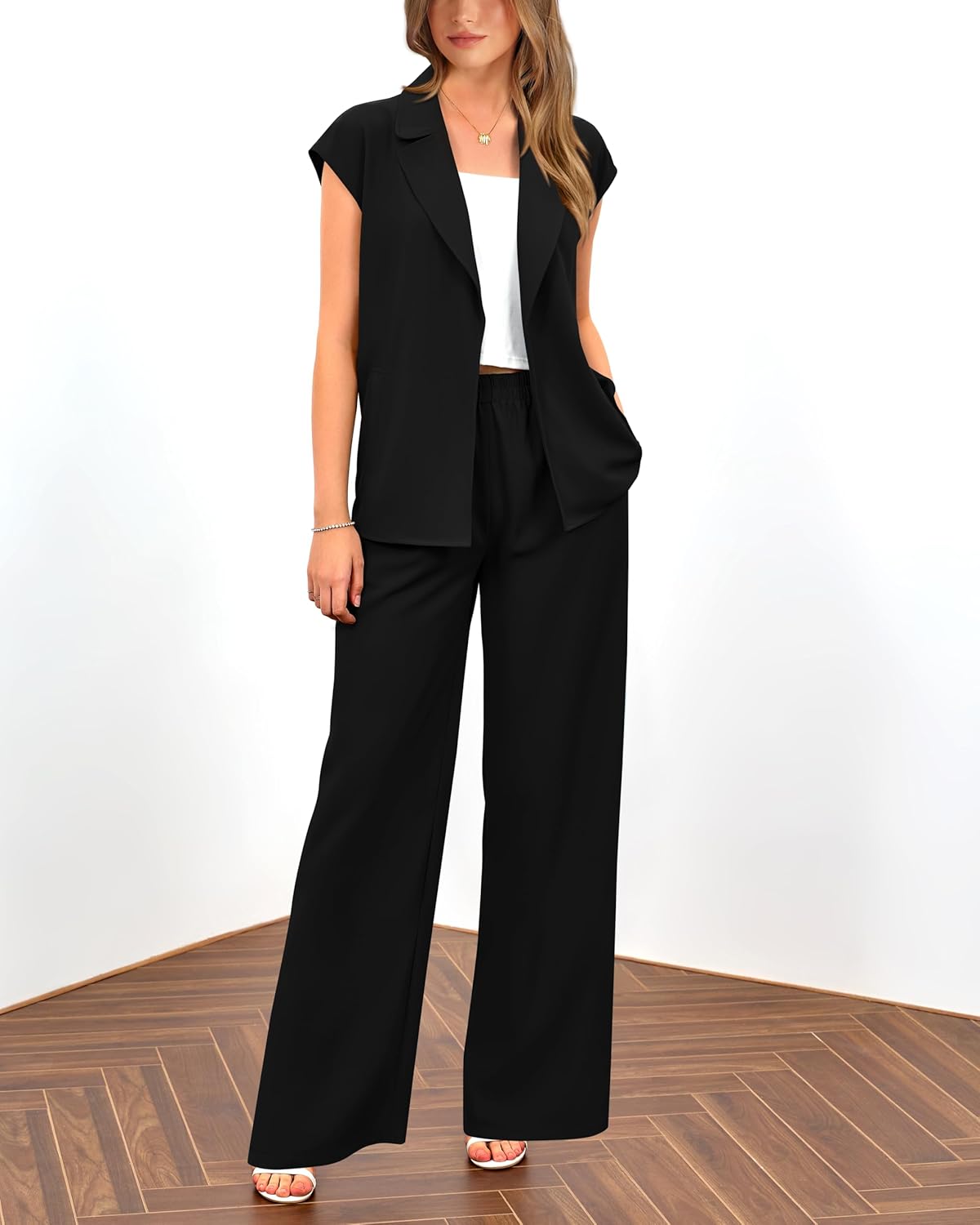 PRETTYGARDEN Damen Sommer 2-teilige Outfits 2025 mit Kappenärmeln, V-Ausschnitt, Blazerweste, weitem Bein, Hosen-Sets, Büro-Arbeitskleidung