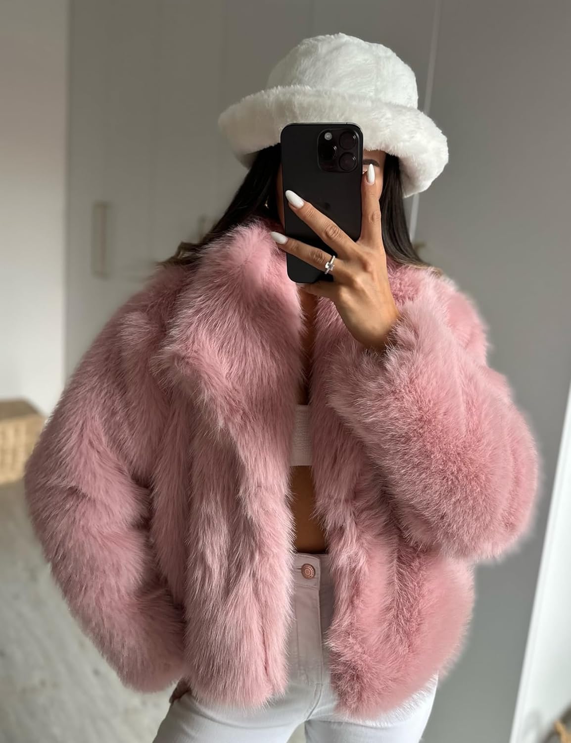 Flygo Damen Kunstpelzmantel Flauschige Kunstpelzjacke Langarm Revers Pelzige Winterjacken Zotteliger Parka Kurzer Mantel