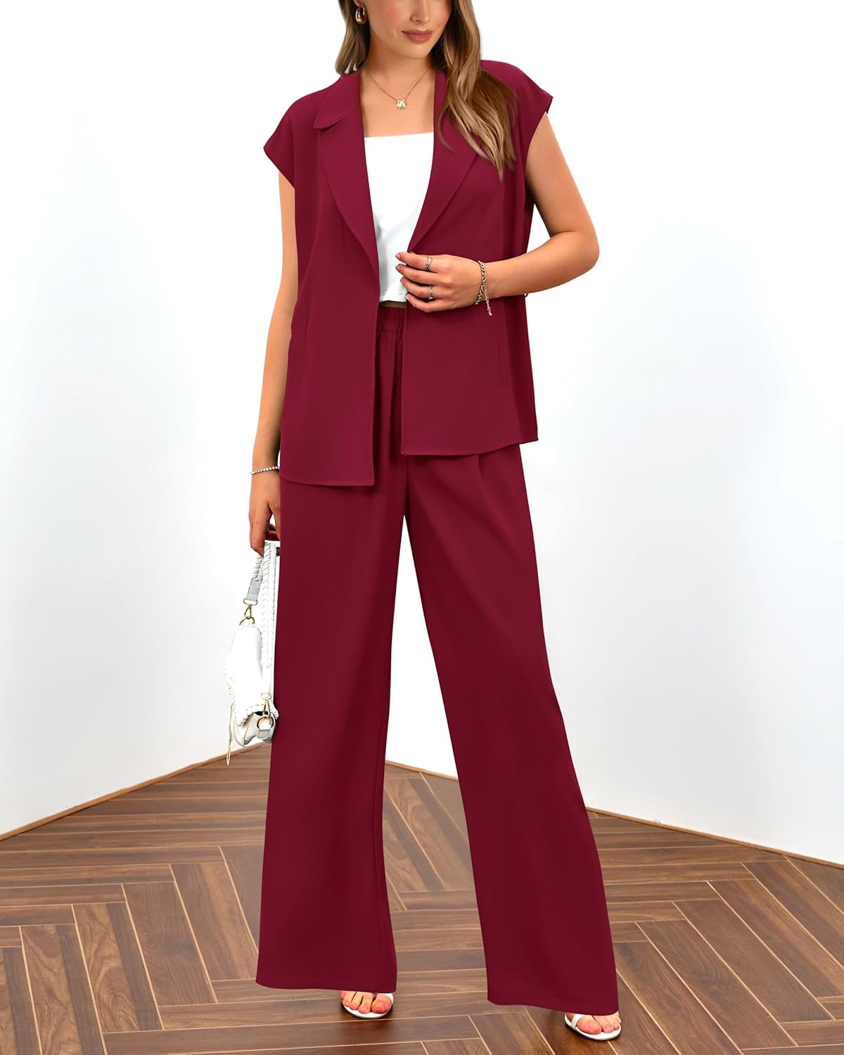 PRETTYGARDEN Damen Sommer 2-teilige Outfits 2025 mit Kappenärmeln, V-Ausschnitt, Blazerweste, weitem Bein, Hosen-Sets, Büro-Arbeitskleidung