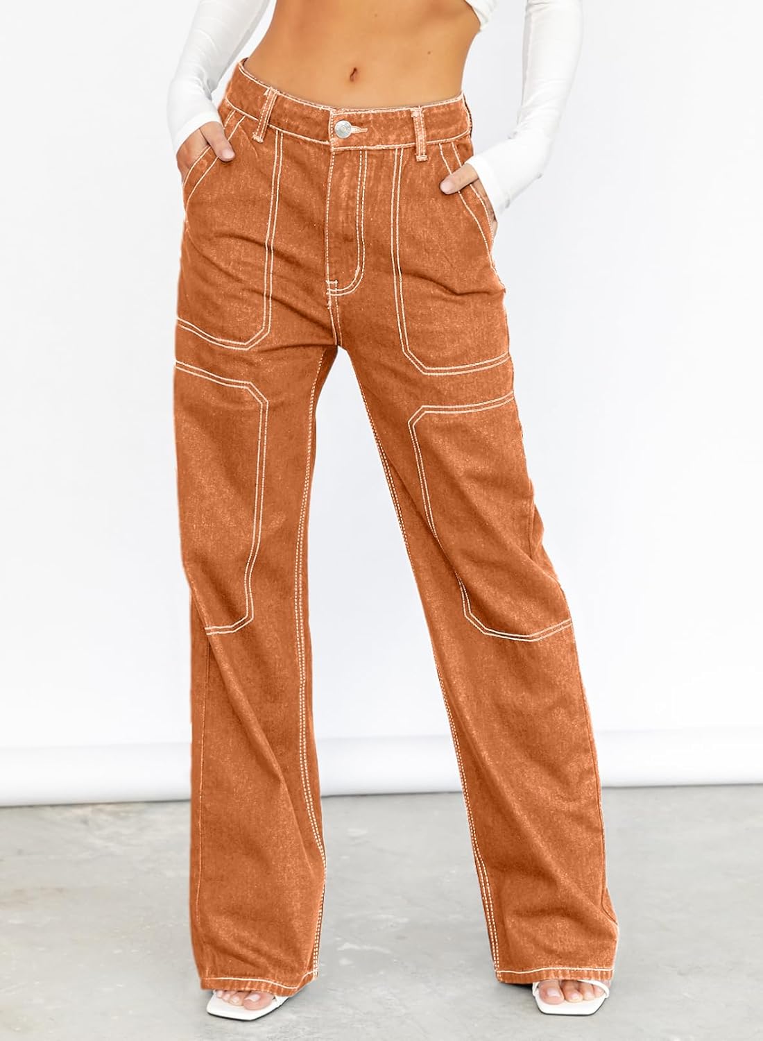 Dokotoo Damen Casual Mid Waist Cargo Jeans Stretch Wide Leg Denim Hose mit Taschen
