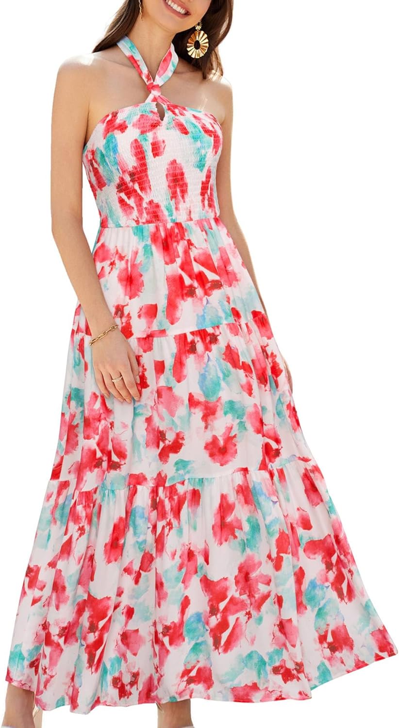 GRACE KARIN Damen Sommerkleider 2025 Neckholder Ärmellos Gesmoktes Rückenloses Cut-Out Blumenmuster Fließendes A-Linien Maxikleid