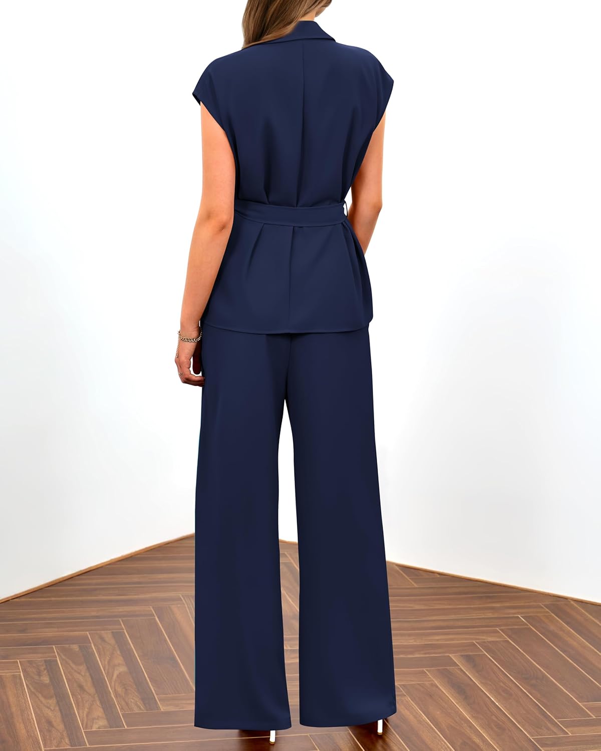 PRETTYGARDEN Damen Sommer 2-teilige Outfits 2025 mit Kappenärmeln, V-Ausschnitt, Blazerweste, weitem Bein, Hosen-Sets, Büro-Arbeitskleidung