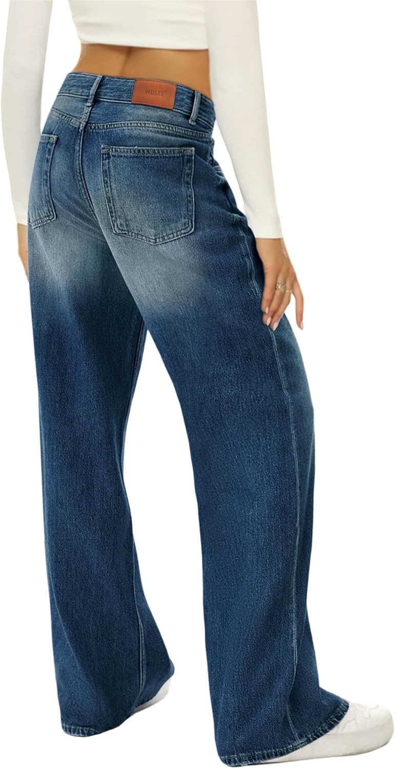 HDLTE Damen Jeans Weites Bein High Waist Baggy Jeans Loose Boyfriend Jeans Denim Hose Y2K