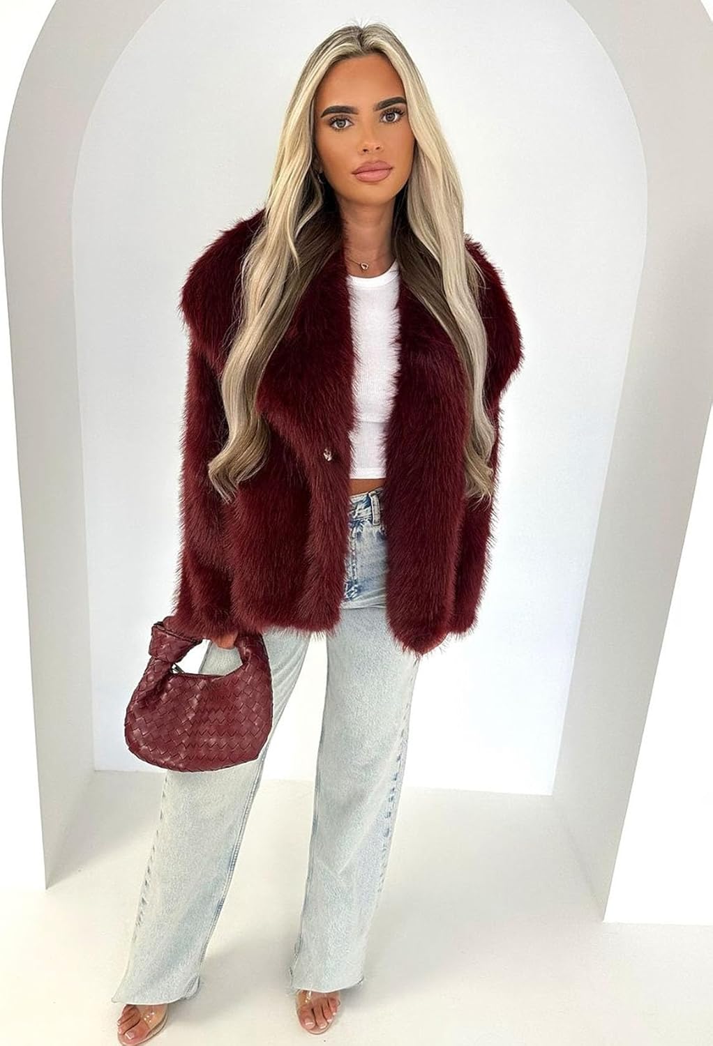 Flygo Damen Kunstpelzmantel Flauschige Kunstpelzjacke Langarm Revers Pelzige Winterjacken Zotteliger Parka Kurzer Mantel