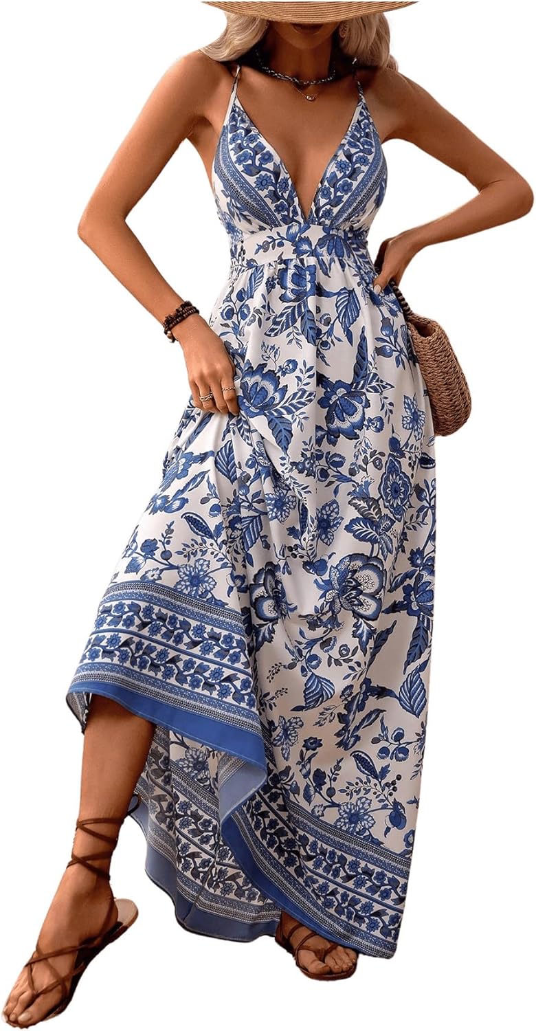 MakeMeChic Damen Boho V-Ausschnitt Ärmelloses Maxi-Sommerkleid Geblümt Kreuz und quer rückenfrei Ausgestelltes Cami-Kleid