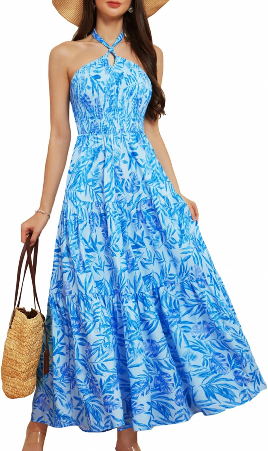 GRACE KARIN Damen Sommerkleider 2025 Neckholder Ärmellos Gesmoktes Rückenloses Cut-Out Blumenmuster Fließendes A-Linien Maxikleid