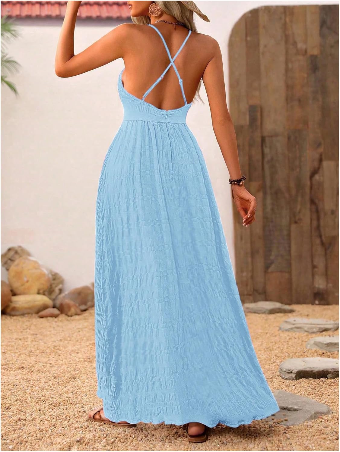 MakeMeChic Damen Boho V-Ausschnitt Ärmelloses Maxi-Sommerkleid Geblümt Kreuz und quer rückenfrei Ausgestelltes Cami-Kleid