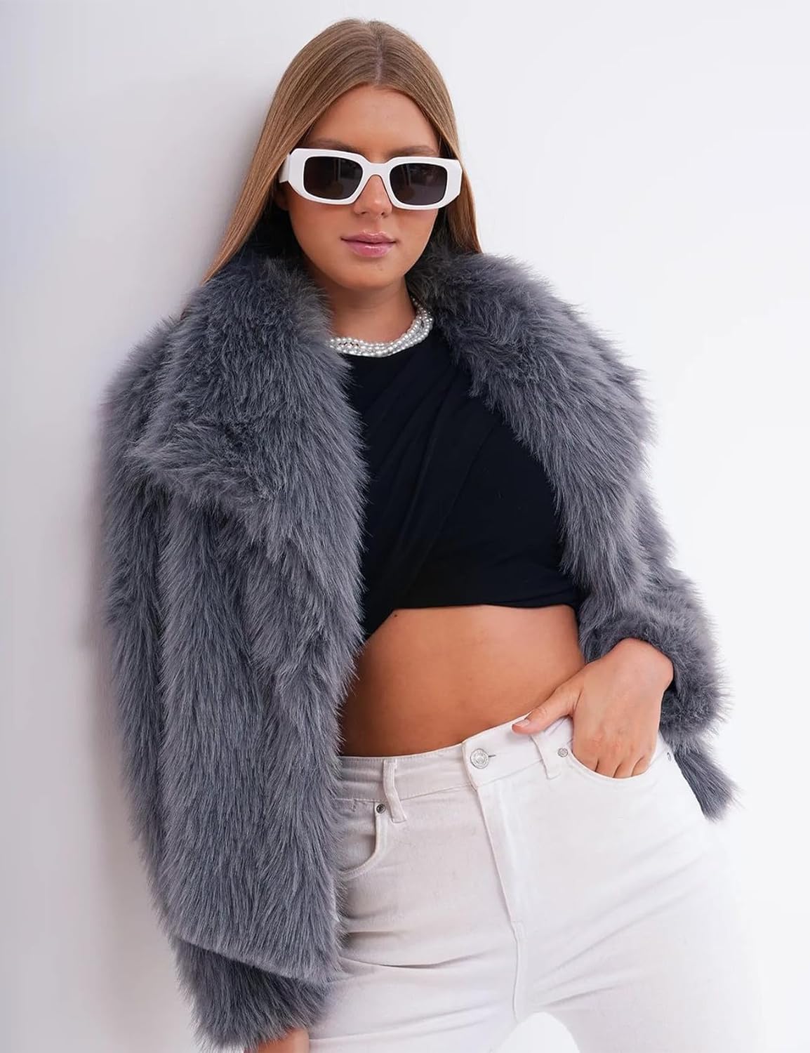 Flygo Damen Kunstpelzmantel Flauschige Kunstpelzjacke Langarm Revers Pelzige Winterjacken Zotteliger Parka Kurzer Mantel