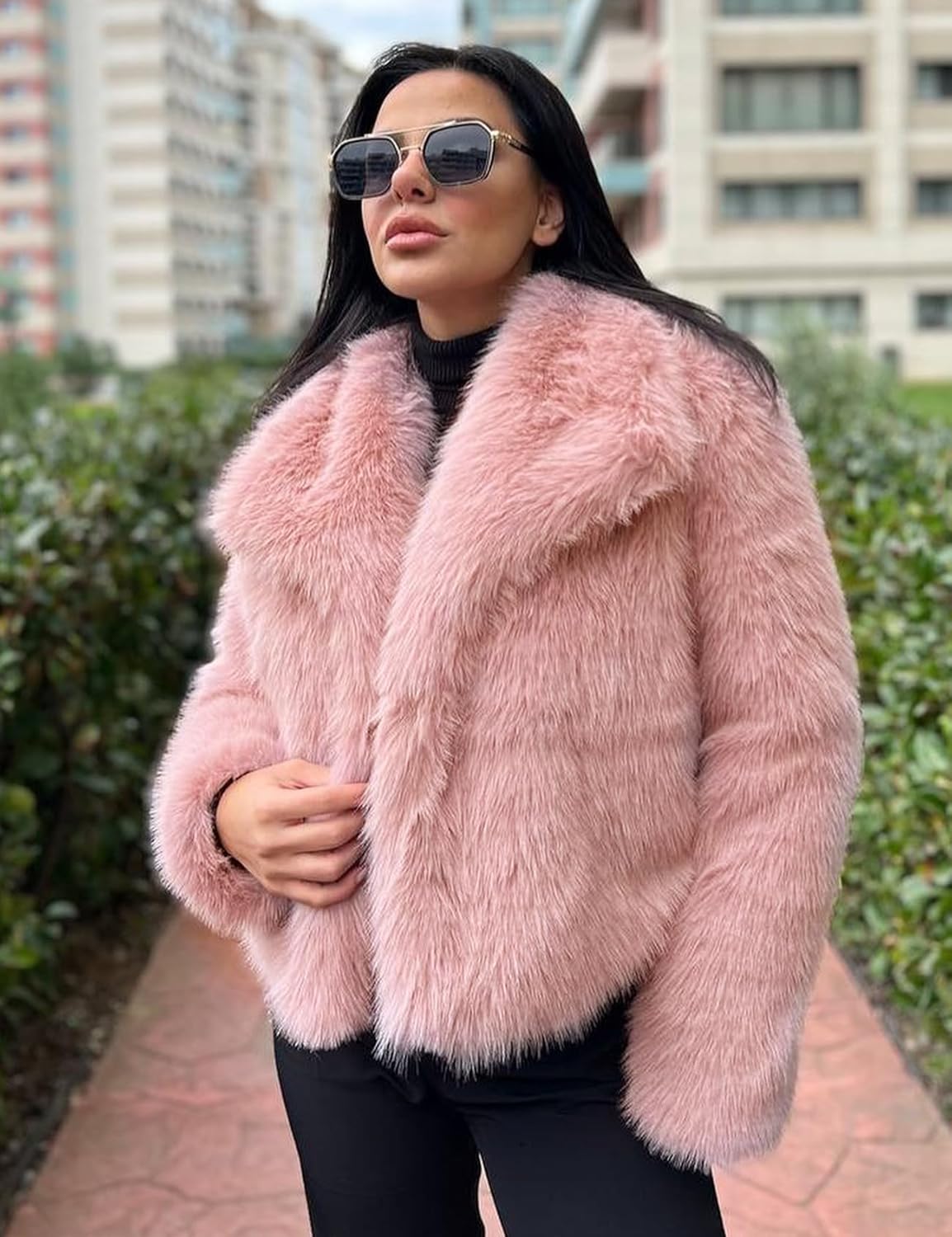 Flygo Damen Kunstpelzmantel Flauschige Kunstpelzjacke Langarm Revers Pelzige Winterjacken Zotteliger Parka Kurzer Mantel