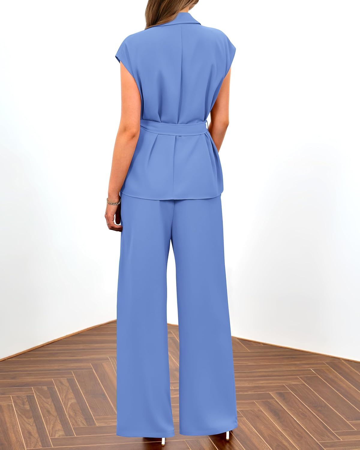 PRETTYGARDEN Damen Sommer 2-teilige Outfits 2025 mit Kappenärmeln, V-Ausschnitt, Blazerweste, weitem Bein, Hosen-Sets, Büro-Arbeitskleidung