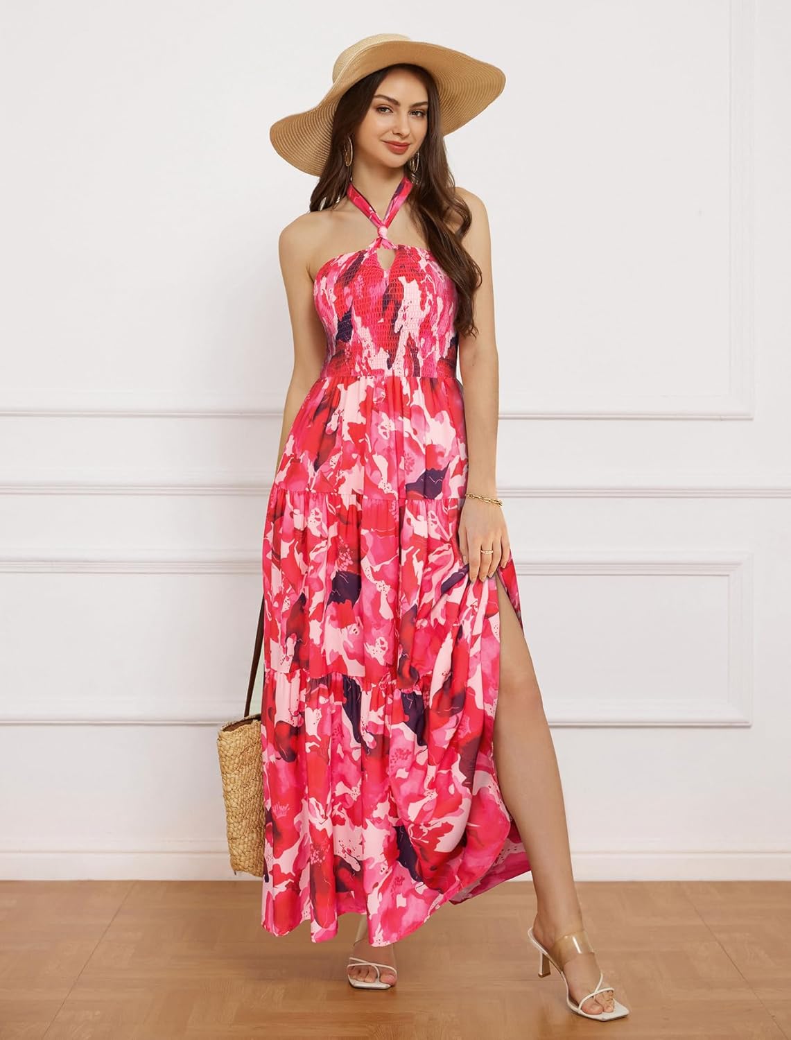 GRACE KARIN Damen Sommerkleider 2025 Neckholder Ärmellos Gesmoktes Rückenloses Cut-Out Blumenmuster Fließendes A-Linien Maxikleid